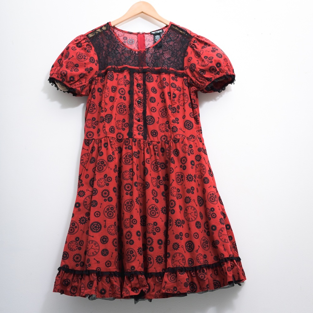 Whimisigoth Hot Topic Clock Lace Red Black Bright Dress XL - Picture 2 of 16